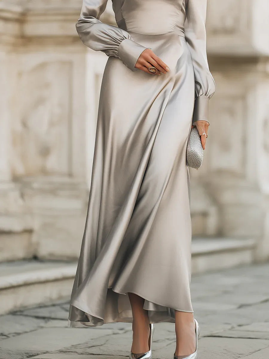 Elegant A-Line Cowl Neck Bishop Sleeve Satin Silver Floor-Length Prom Dresses