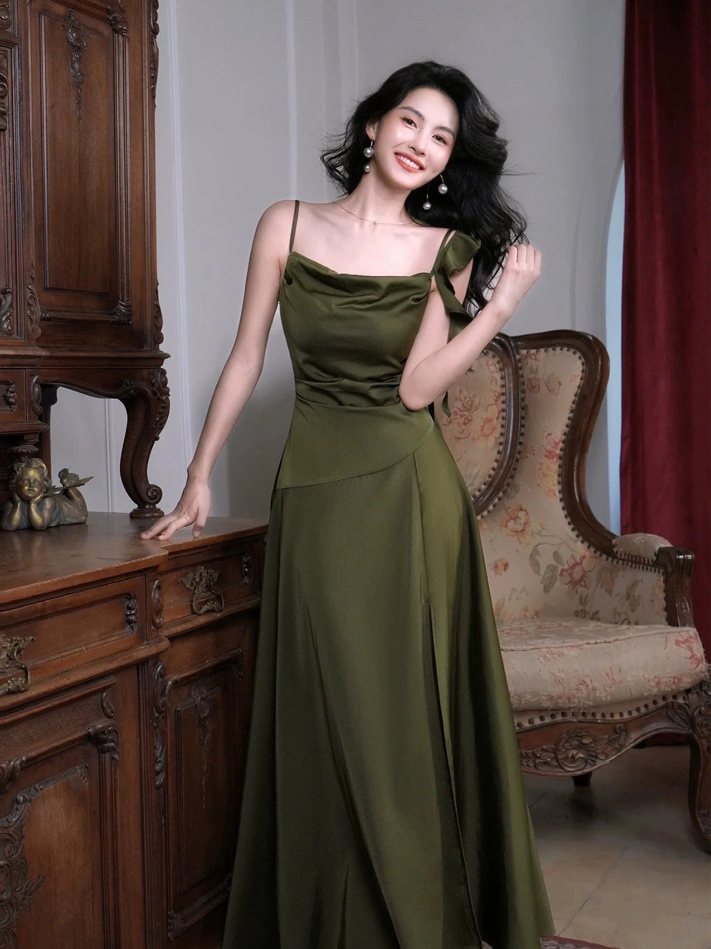 Elegant A-Line Cowl Neck Sleeveless Ruffled Olive Maxi Prom Dress