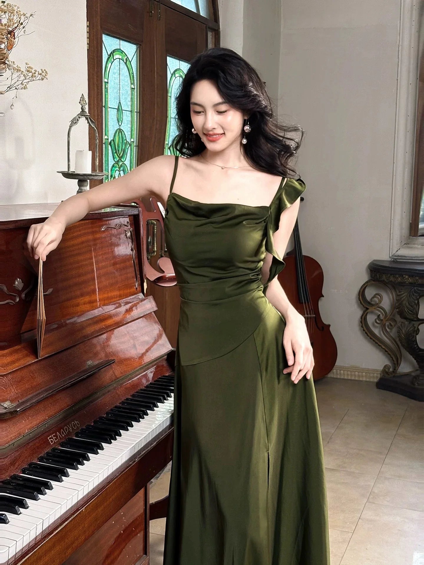 Elegant A-Line Cowl Neck Sleeveless Ruffled Olive Maxi Prom Dress
