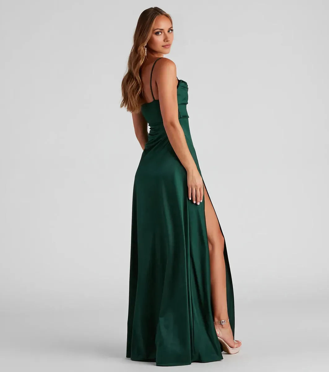 Elegant A-Line Cowl Neck Spaghetti Straps Back Zip Satin pleated High Front Slit Floor-Length Prom Dresses