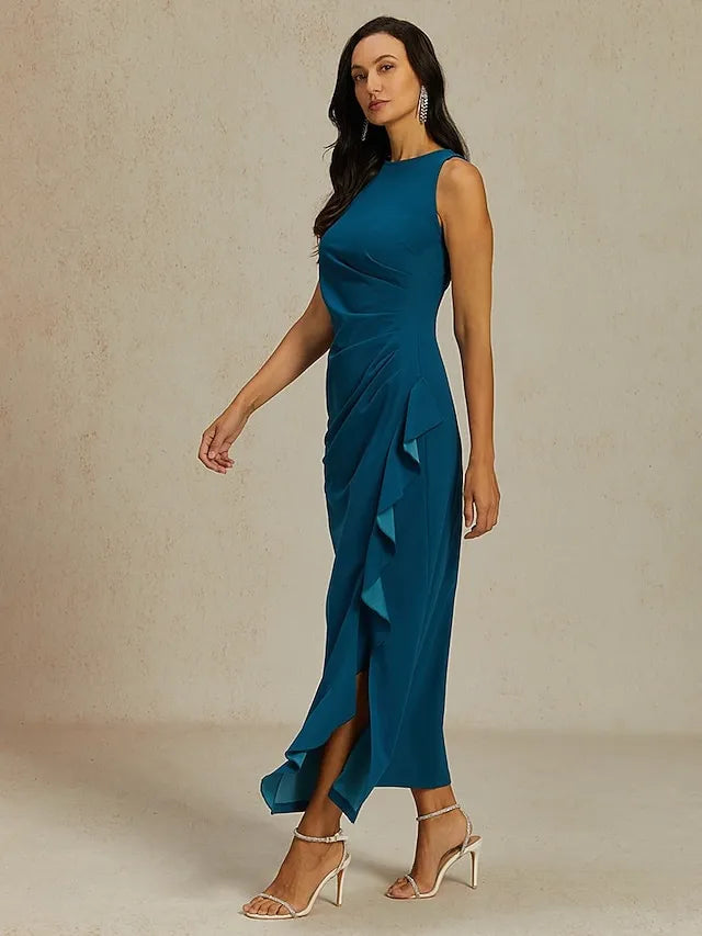 Elegant A-Line Crew Neck Sleeveless Ruffled Dusty Blue Maxi Prom Dress for Women Ready to Ship