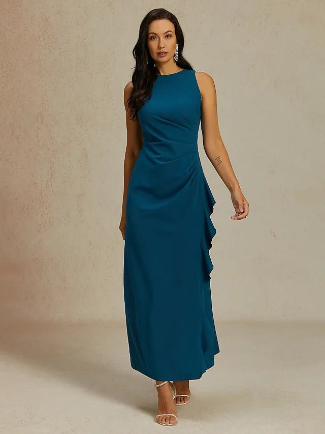 Elegant A-Line Crew Neck Sleeveless Ruffled Dusty Blue Maxi Prom Dress for Women Ready to Ship