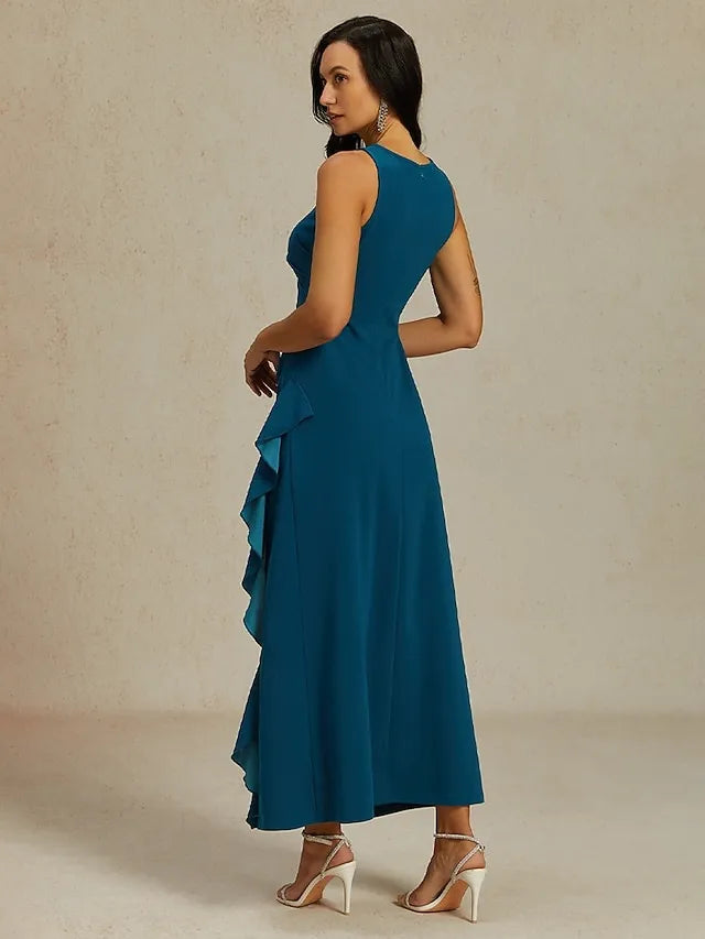 Elegant A-Line Crew Neck Sleeveless Ruffled Dusty Blue Maxi Prom Dress for Women Ready to Ship