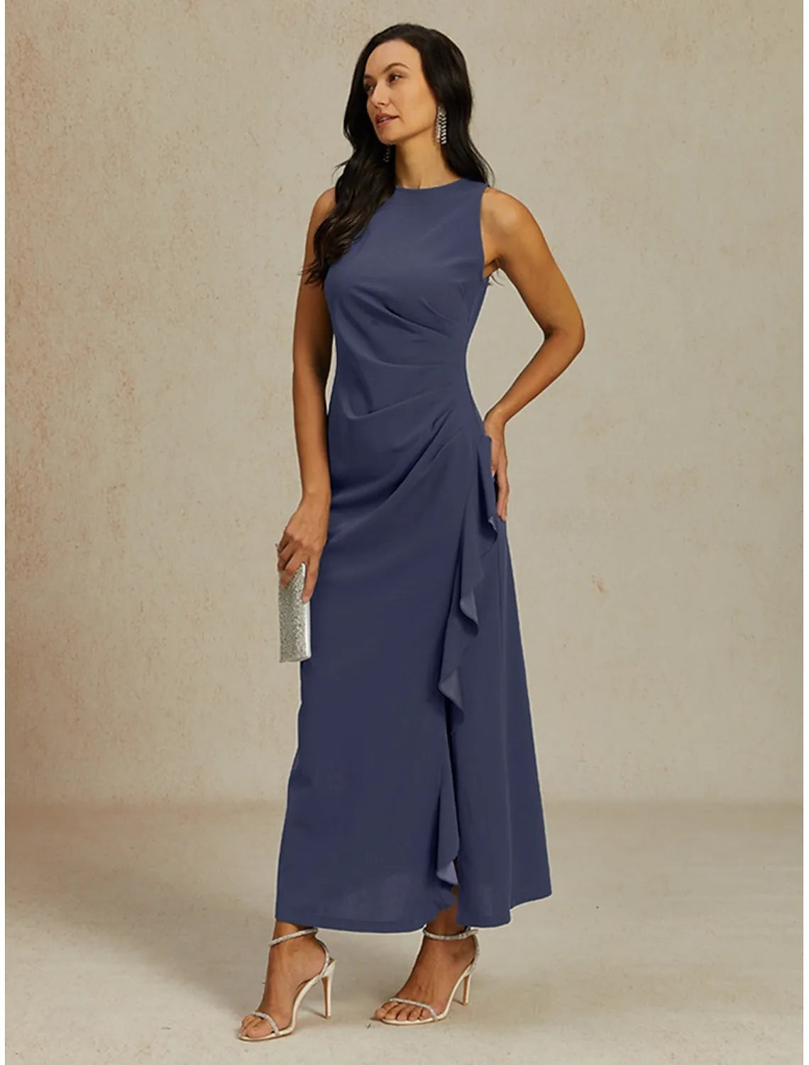 Elegant A-Line Crew Neck Sleeveless Ruffled Dusty Blue Maxi Prom Dress for Women Ready to Ship