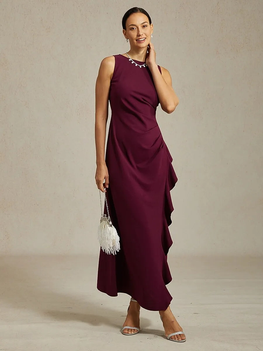 Elegant A-Line Crew Neck Sleeveless Ruffled Dusty Blue Maxi Prom Dress for Women Ready to Ship
