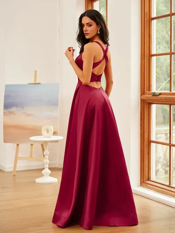 Elegant A-Line Deep V-Neck Sleeveless Cross-Back Floor-Length Satin Ruffles Prom Dresses with Slit