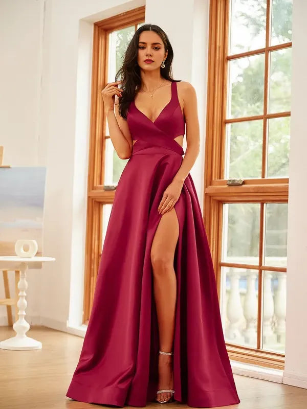 Elegant A-Line Deep V-Neck Sleeveless Cross-Back Floor-Length Satin Ruffles Prom Dresses with Slit