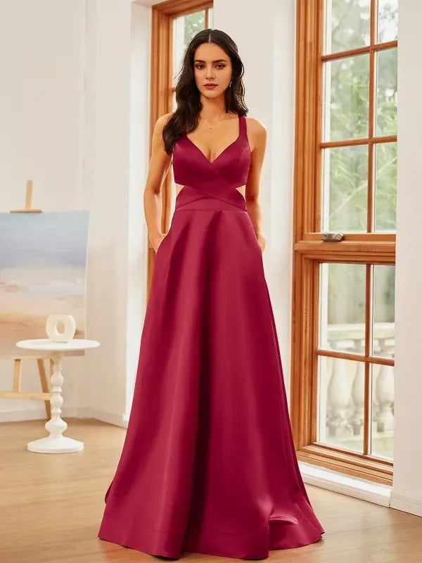 Elegant A-Line Deep V-Neck Sleeveless Cross-Back Floor-Length Satin Ruffles Prom Dresses with Slit