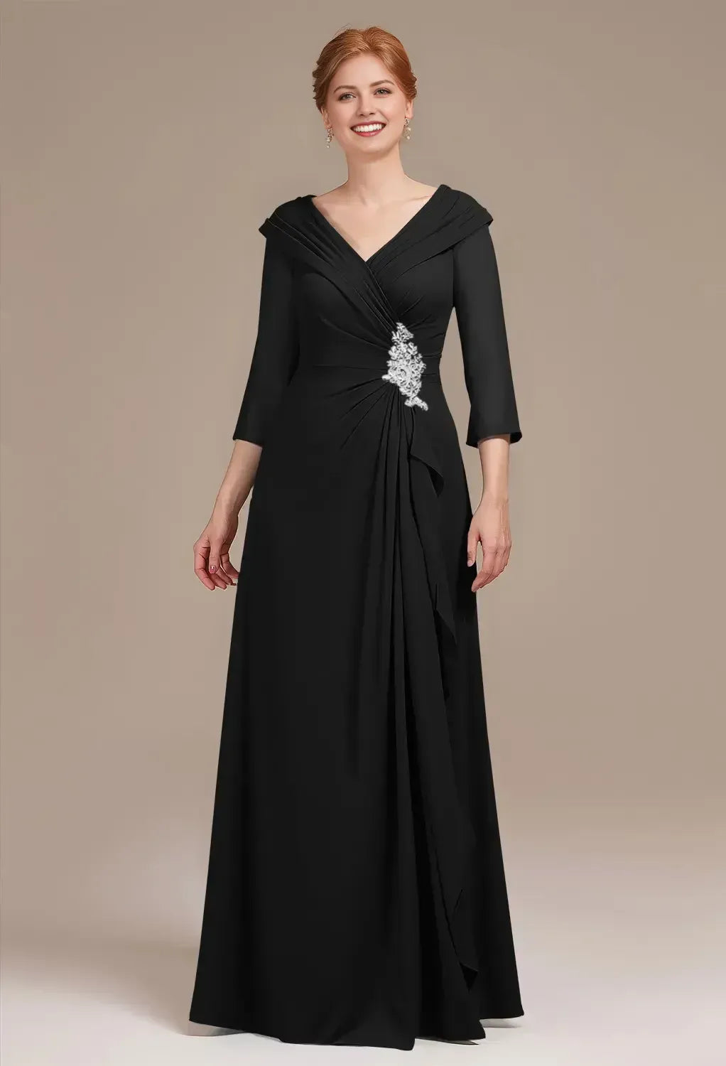 Elegant A-Line Deep V Neck Half Sleeve Zipper Back Floor Length Chiffon Appliques Beading Mother Of The Bride Dresses