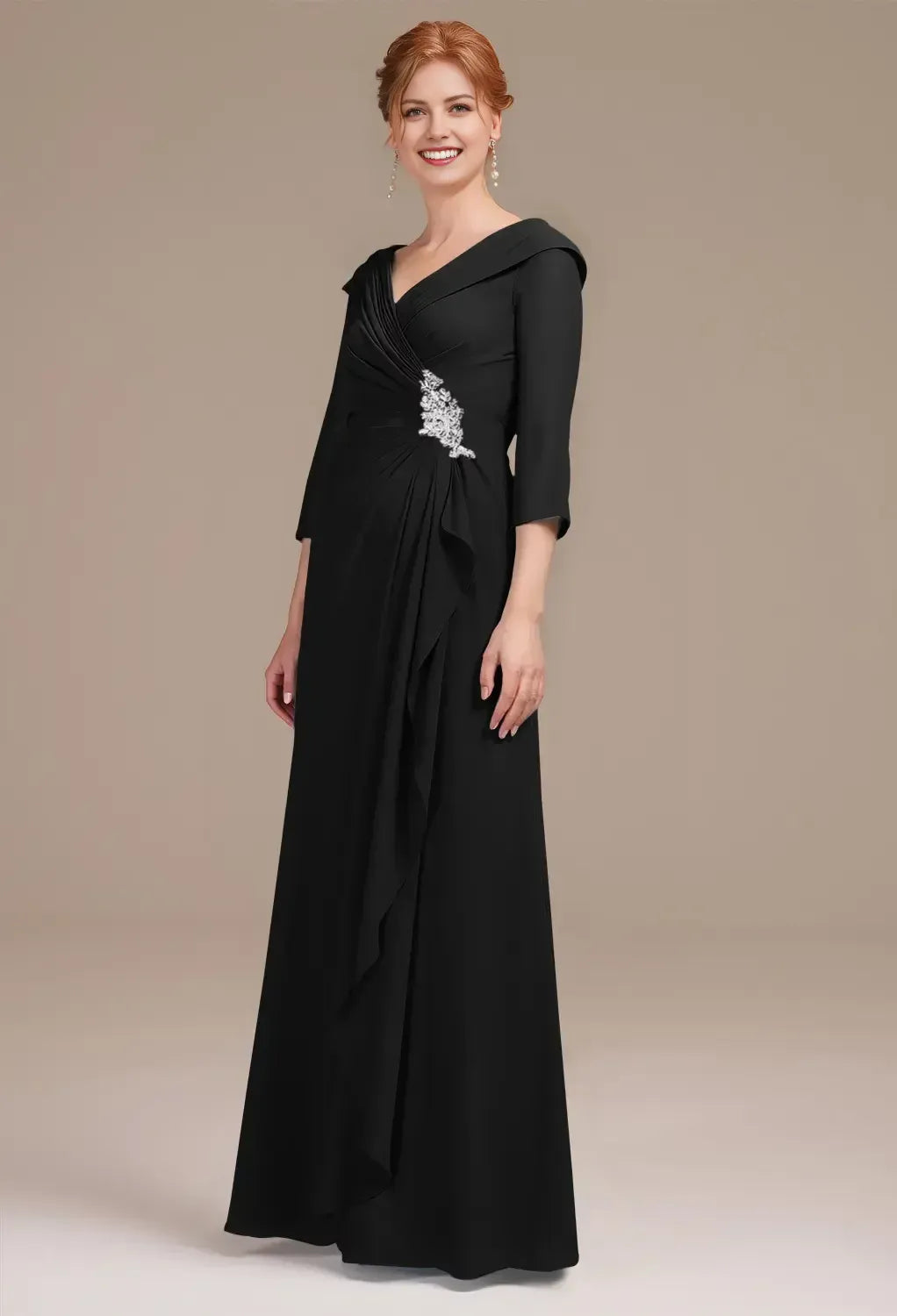 Elegant A-Line Deep V Neck Half Sleeve Zipper Back Floor Length Chiffon Appliques Beading Mother Of The Bride Dresses