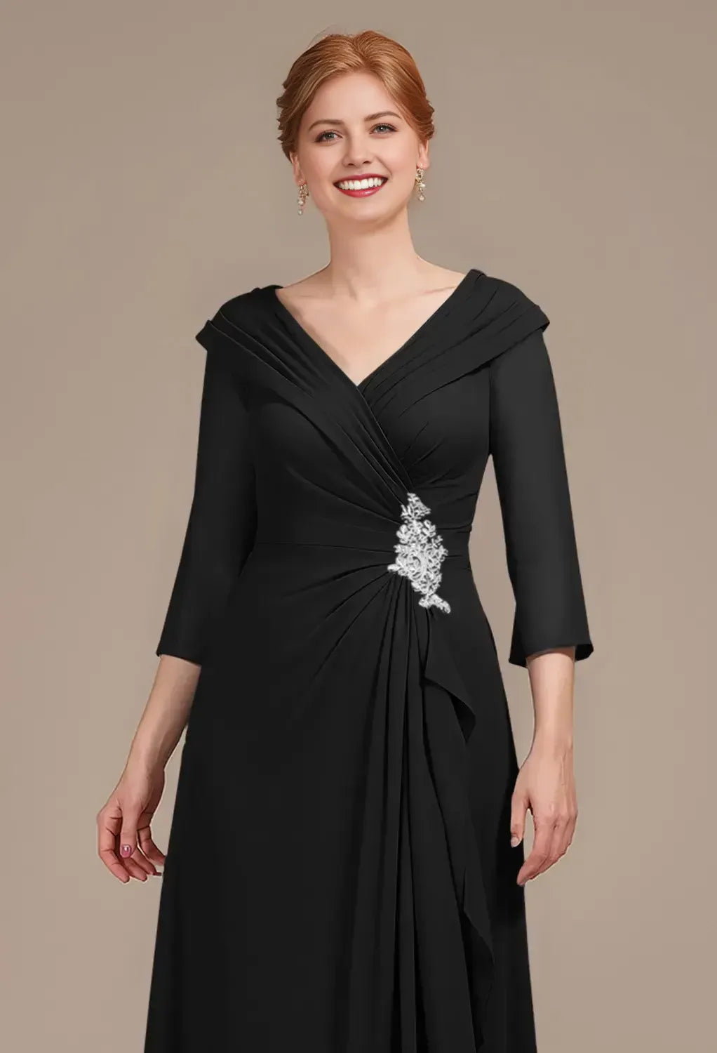 Elegant A-Line Deep V Neck Half Sleeve Zipper Back Floor Length Chiffon Appliques Beading Mother Of The Bride Dresses