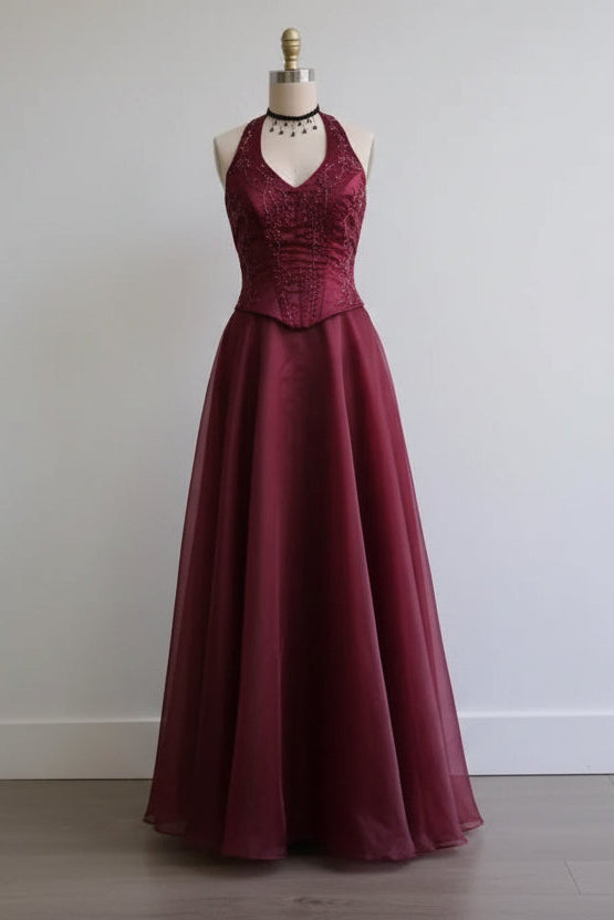 Elegant A-Line Halter Beaded Organza Satin Burgundy Long Evening Dress
