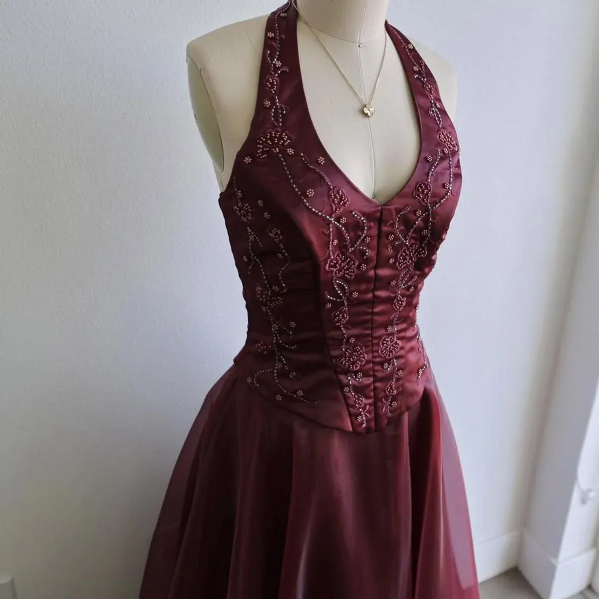 Elegant A-Line Halter Beaded Organza Satin Burgundy Long Evening Dress