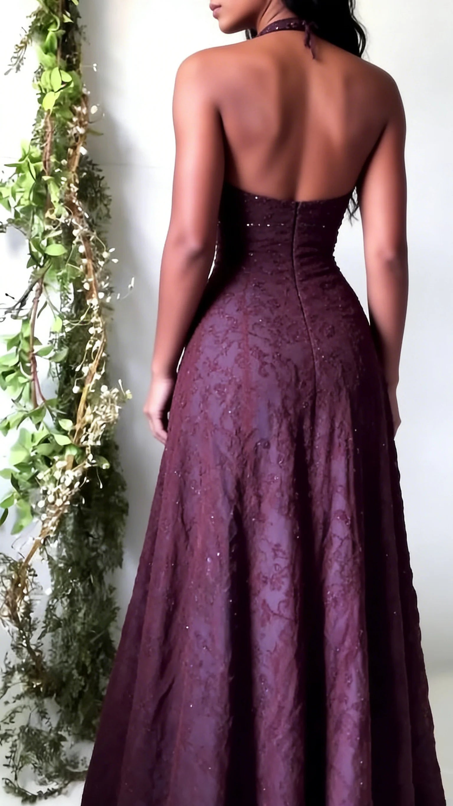 Elegant A-Line Halter Lace Plum Maxi Prom Dress