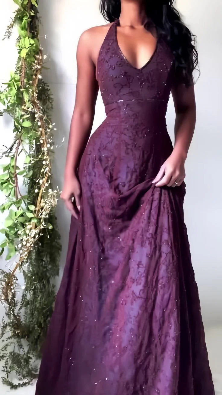 Elegant A-Line Halter Lace Plum Maxi Prom Dress