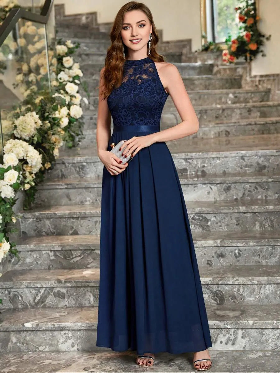 Elegant A-Line Halter Neck Sleeveless Back Zip Lace Embellished Pleated Hem Chiffon Ankle-Length Prom Dresses