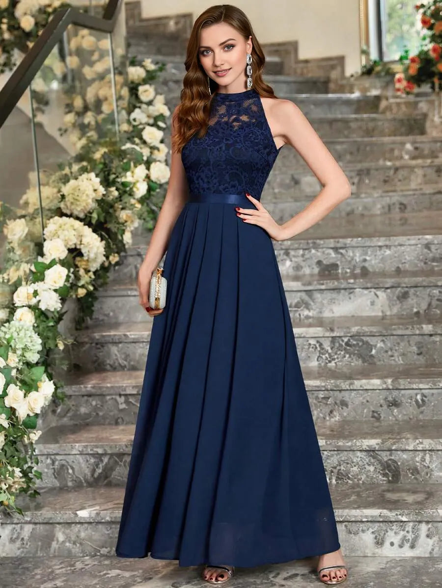 Elegant A-Line Halter Neck Sleeveless Back Zip Lace Embellished Pleated Hem Chiffon Ankle-Length Prom Dresses