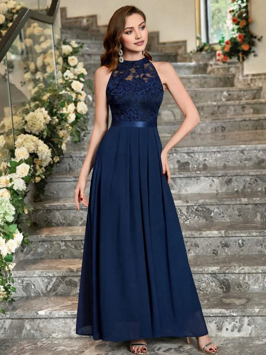 Elegant A-Line Halter Neck Sleeveless Back Zip Lace Embellished Pleated Hem Chiffon Ankle-Length Prom Dresses