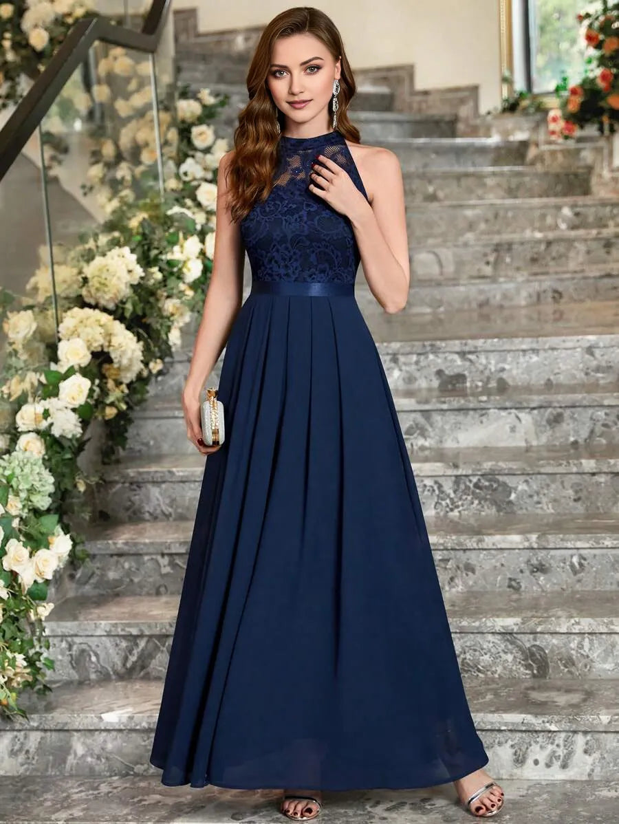 Elegant A-Line Halter Neck Sleeveless Back Zip Lace Embellished Pleated Hem Chiffon Ankle-Length Prom Dresses
