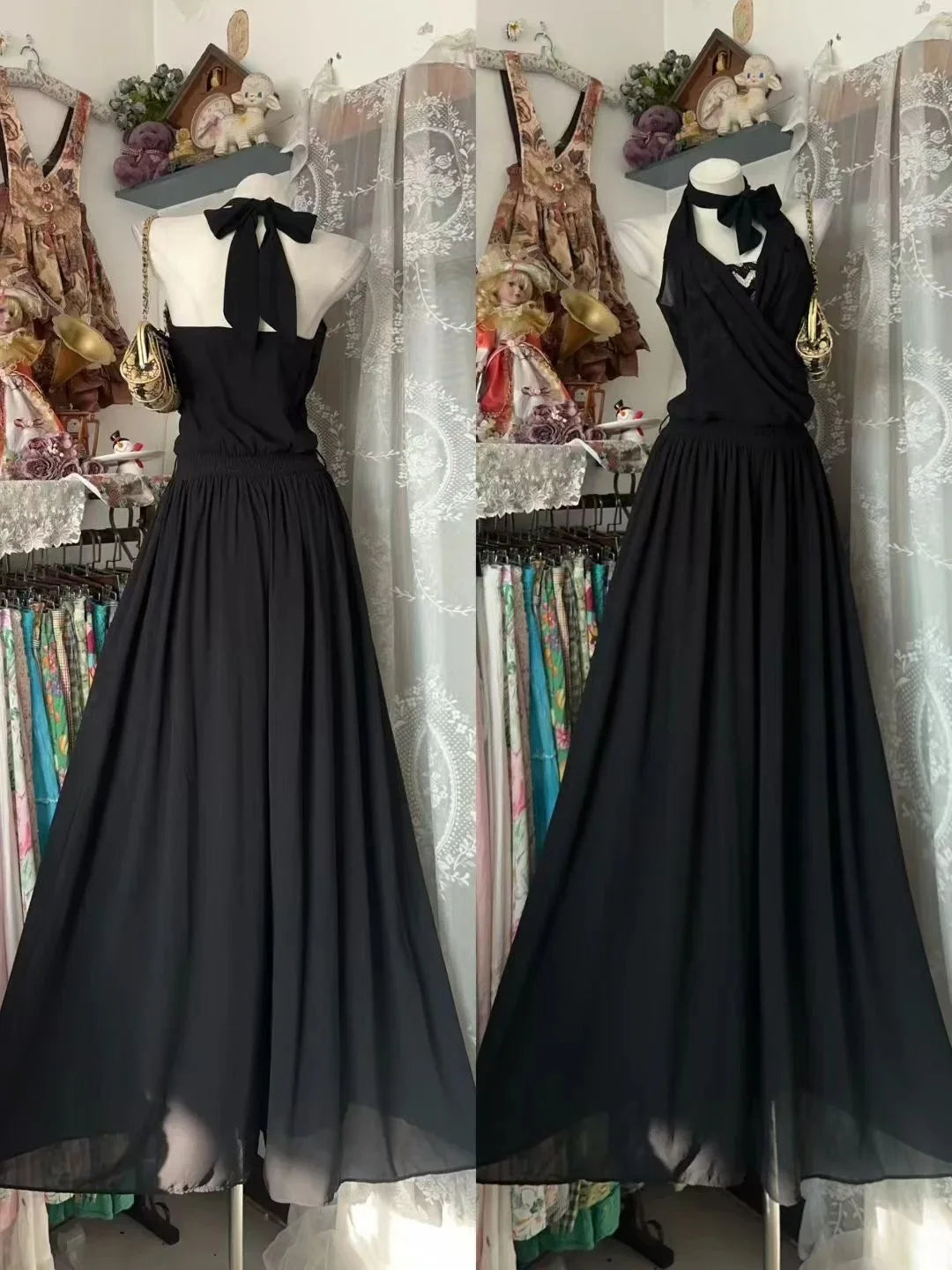 Elegant A-Line Halter Neck Sleeveless Chiffon Black Maxi Prom Dress