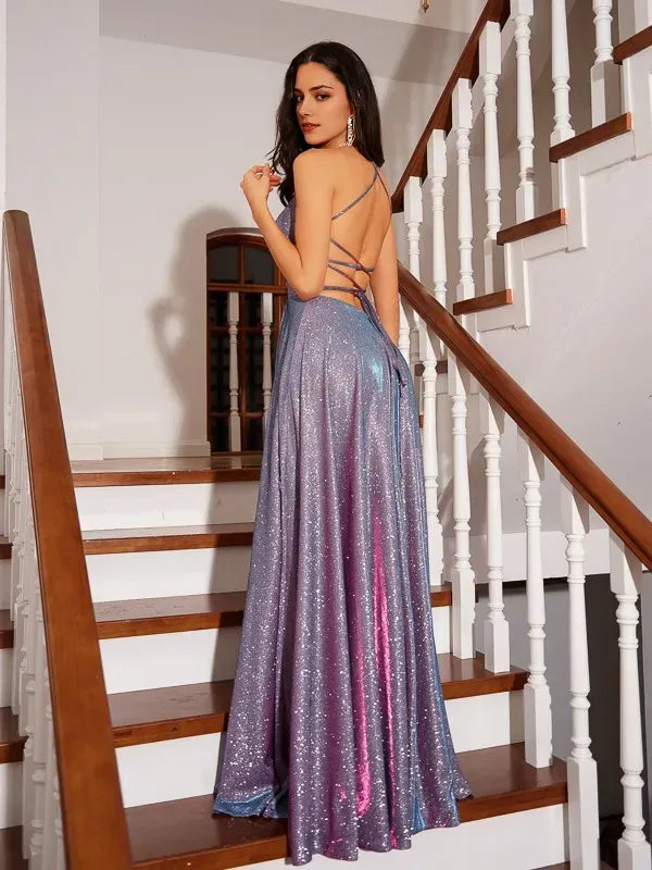 Elegant A-Line Halter Neck Sleeveless Crisscross Back Floor-Length Iridescent Glitter Ruffles  Prom Dresses with High Slit