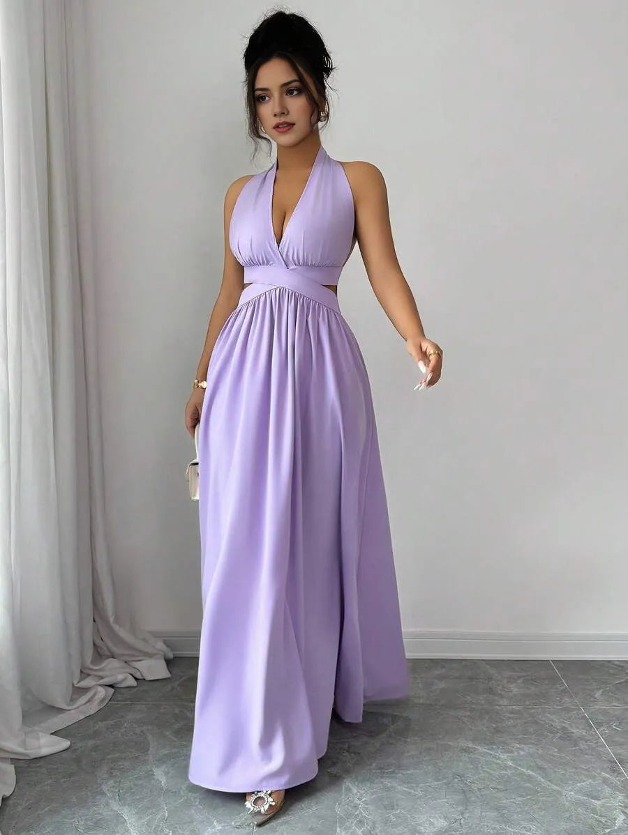 Elegant A-Line Halter Neck Sleeveless Cut-Out Bodice Backless Floor-Length Satin Prom Dress