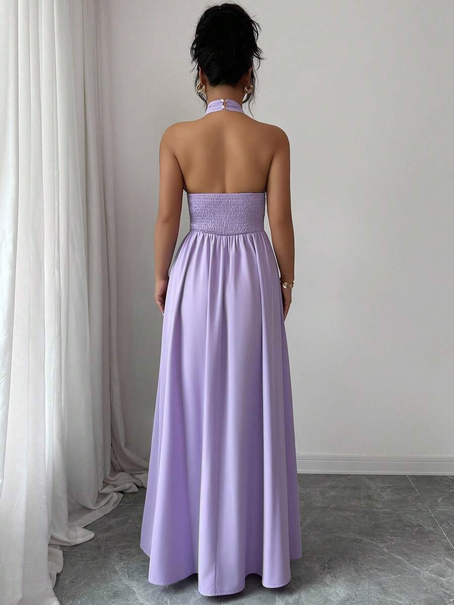 Elegant A-Line Halter Neck Sleeveless Cut-Out Bodice Backless Floor-Length Satin Prom Dress