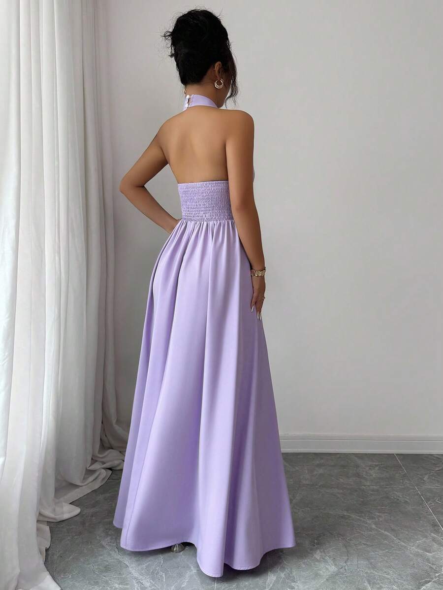Elegant A-Line Halter Neck Sleeveless Cut-Out Bodice Backless Floor-Length Satin Prom Dress