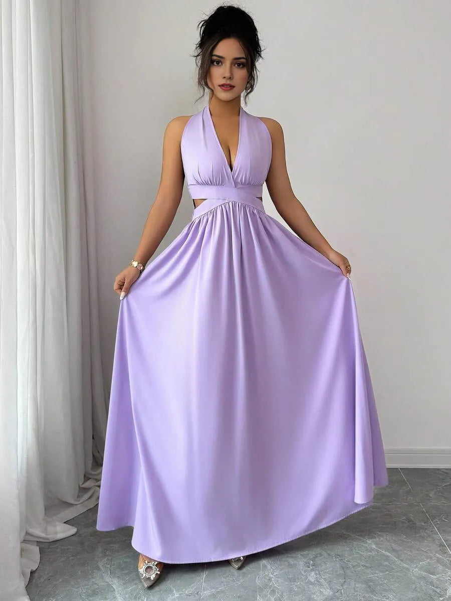 Elegant A-Line Halter Neck Sleeveless Cut-Out Bodice Backless Floor-Length Satin Prom Dress