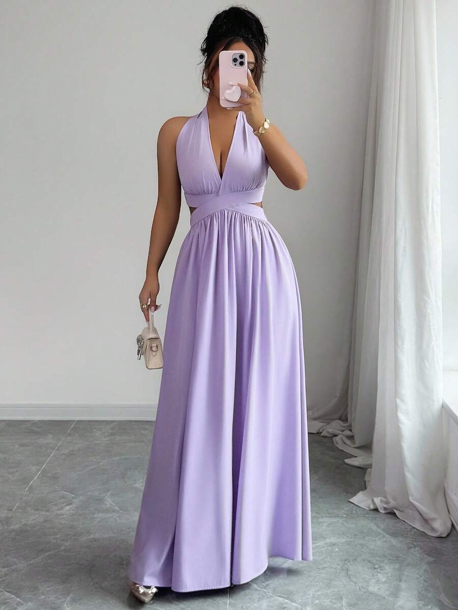 Elegant A-Line Halter Neck Sleeveless Cut-Out Bodice Backless Floor-Length Satin Prom Dress