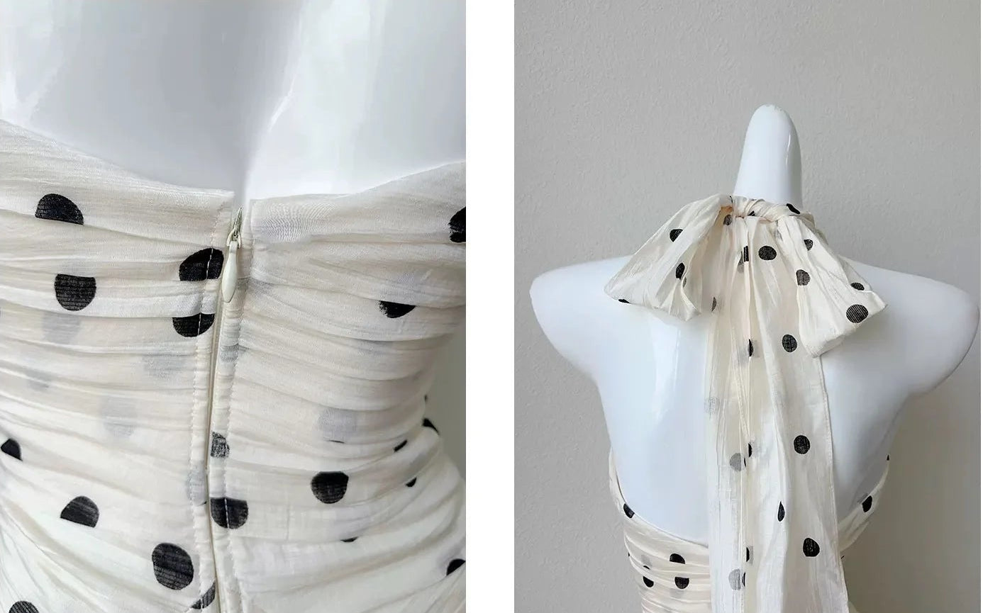 Elegant A-Line Halter Neck Sleeveless Polka Dot Ivory Maxi Prom Dress