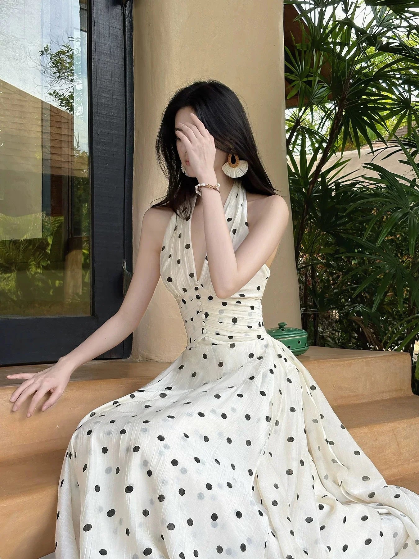 Elegant A-Line Halter Neck Sleeveless Polka Dot Ivory Maxi Prom Dress