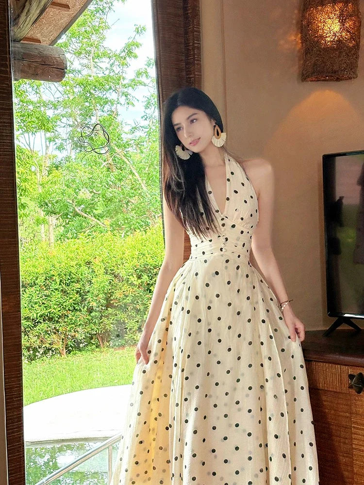 Elegant A-Line Halter Neck Sleeveless Polka Dot Ivory Maxi Prom Dress