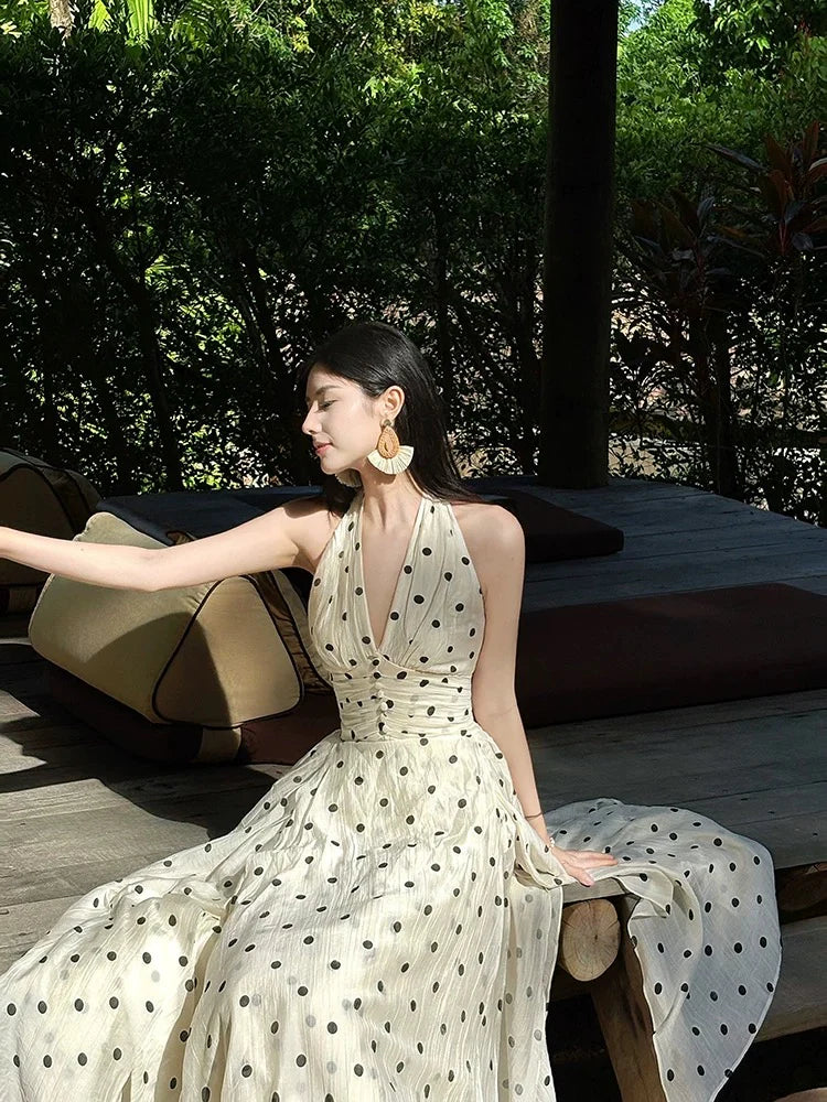 Elegant A-Line Halter Neck Sleeveless Polka Dot Ivory Maxi Prom Dress