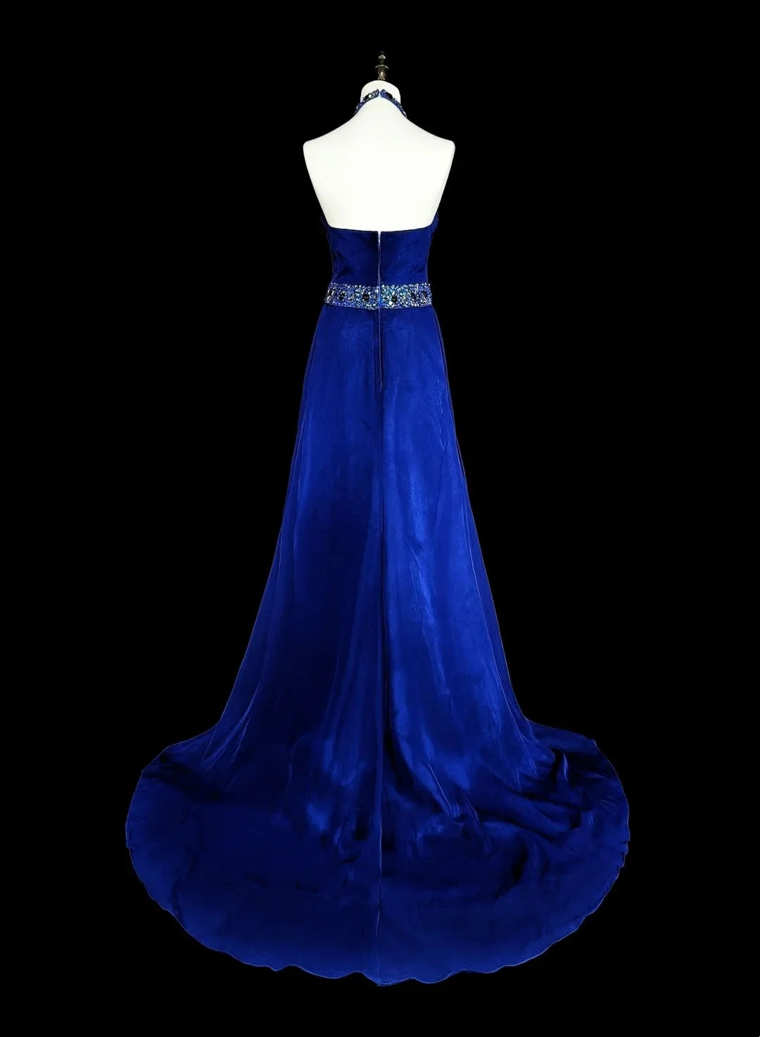 Elegant A-Line Halter Sleeveless Beaded Royal Blue Maxi Prom Dress