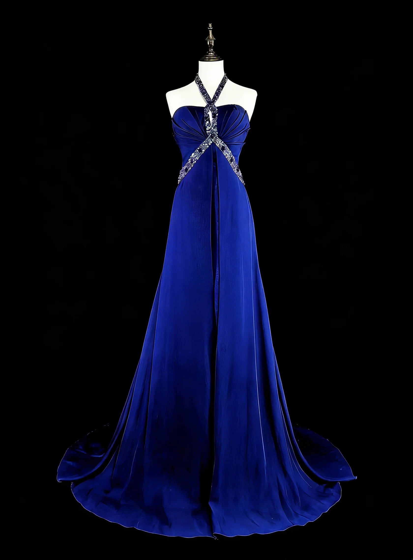 Elegant A-Line Halter Sleeveless Beaded Royal Blue Maxi Prom Dress