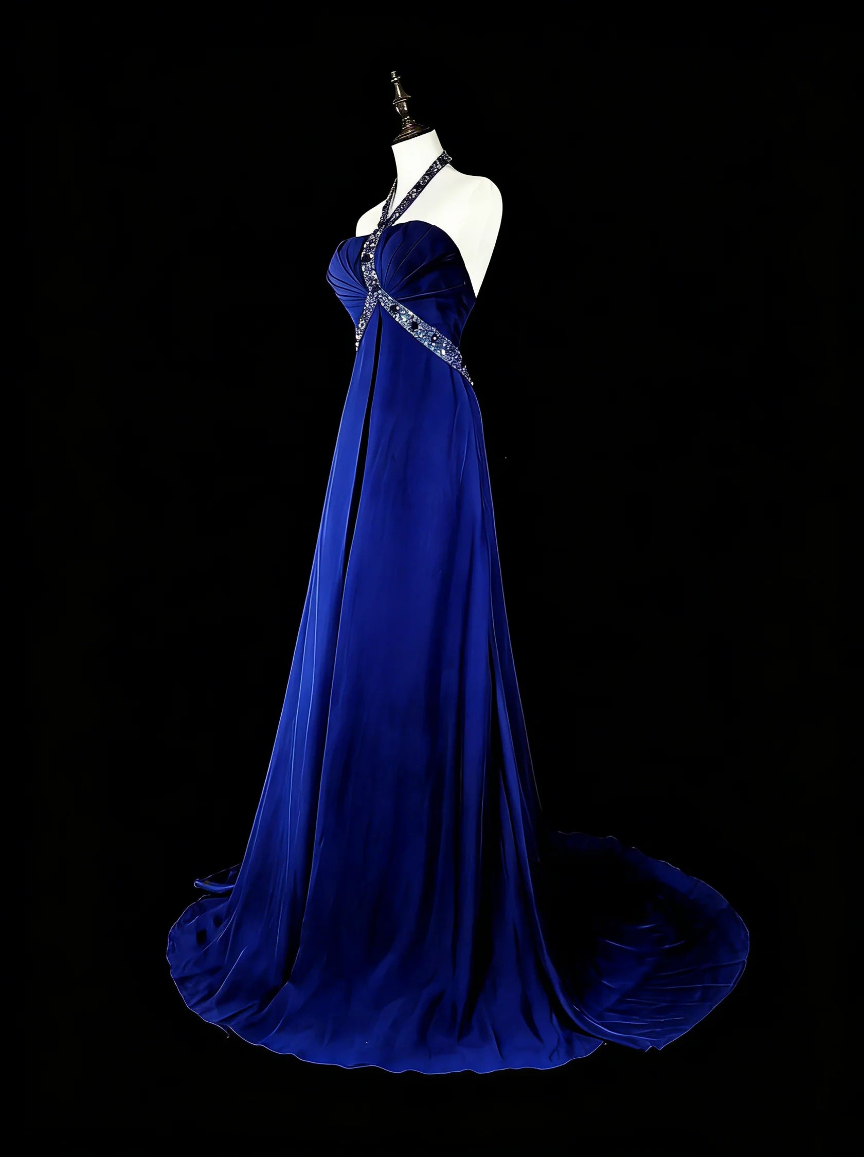 Elegant A-Line Halter Sleeveless Beaded Royal Blue Maxi Prom Dress