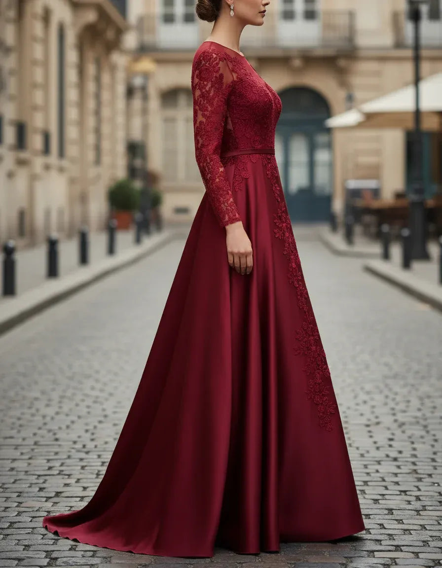 Elegant A-Line Illusion Neck Long Sleeve Lace Burgundy Long Prom Dresses