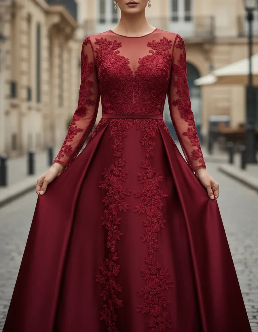 Elegant A-Line Illusion Neck Long Sleeve Lace Burgundy Long Prom Dresses