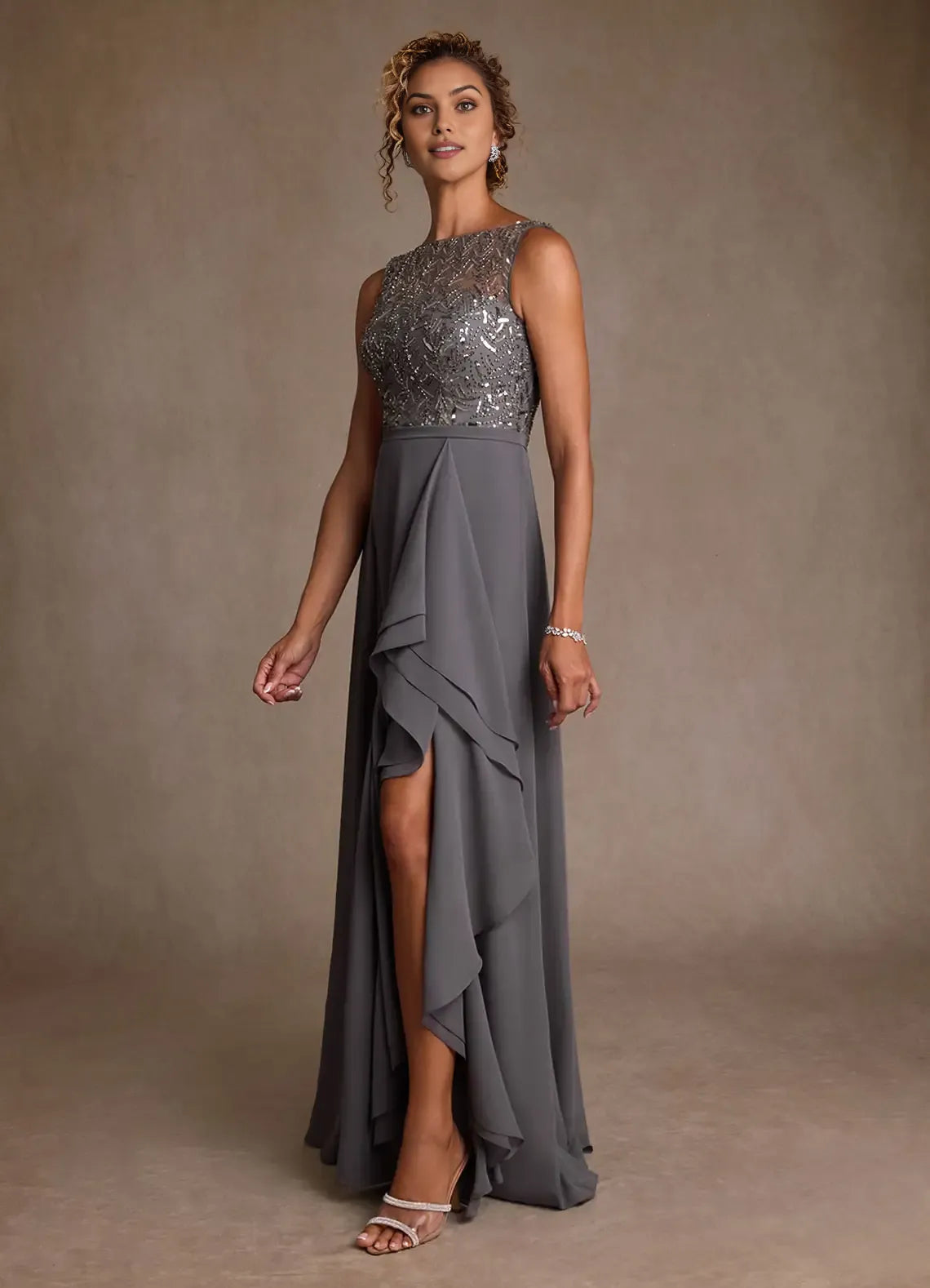Elegant A-Line Illusion Neckline Sleeveless Beaded Bodice Ruffled Sequins Back Zip High-Slit Floor-Length Mother of the Bride Dress