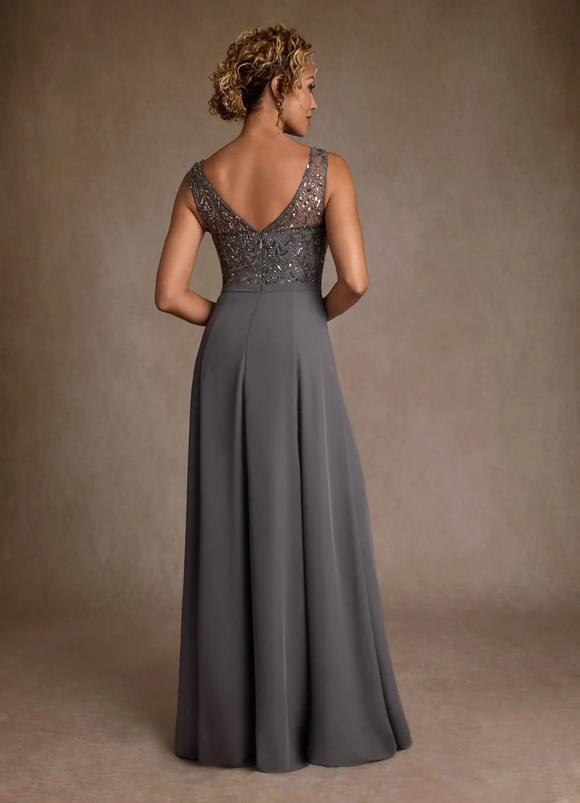 Elegant A-Line Illusion Neckline Sleeveless Beaded Bodice Ruffled Sequins Back Zip High-Slit Floor-Length Mother of the Bride Dress
