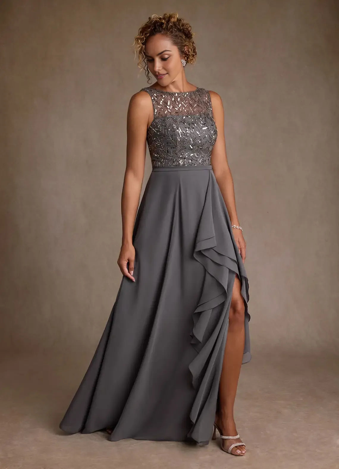 Elegant A-Line Illusion Neckline Sleeveless Beaded Bodice Ruffled Sequins Back Zip High-Slit Floor-Length Mother of the Bride Dress