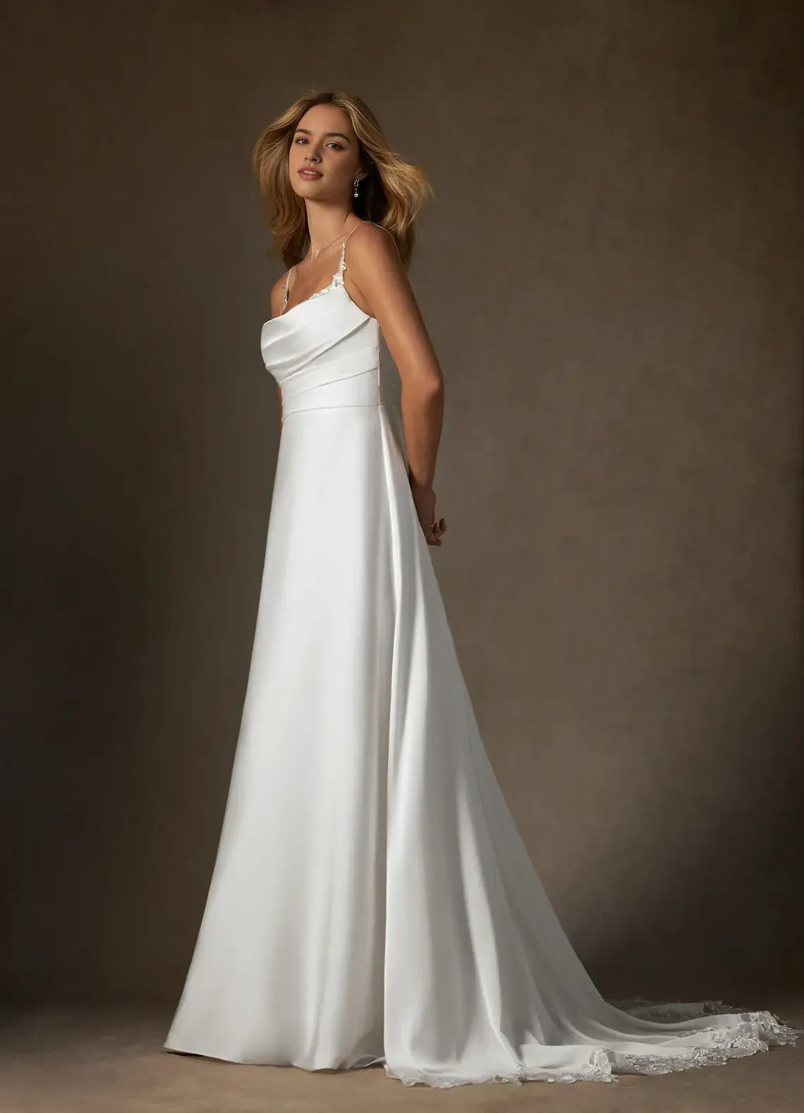 Elegant A-Line Lace Satin Wedding Dress Spaghetti Straps Cowl Neckline Satin Silhouette Trimmed Train A Must