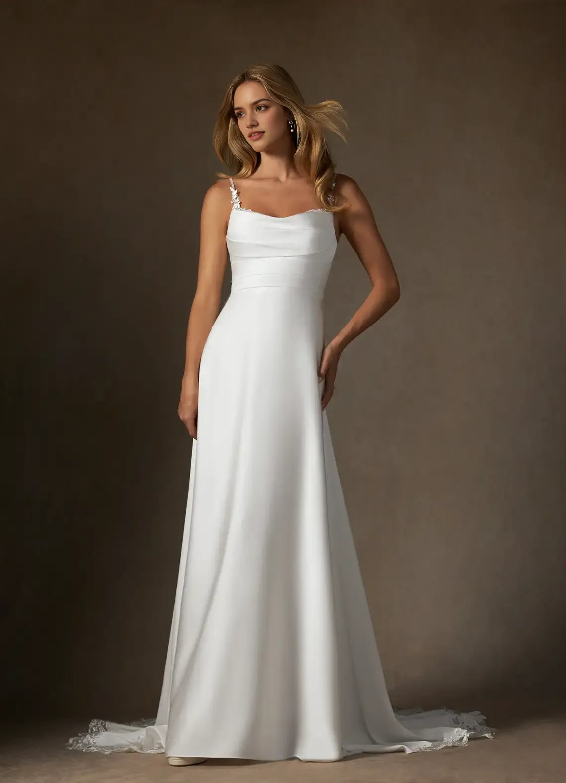 Elegant A-Line Lace Satin Wedding Dress Spaghetti Straps Cowl Neckline Satin Silhouette Trimmed Train A Must