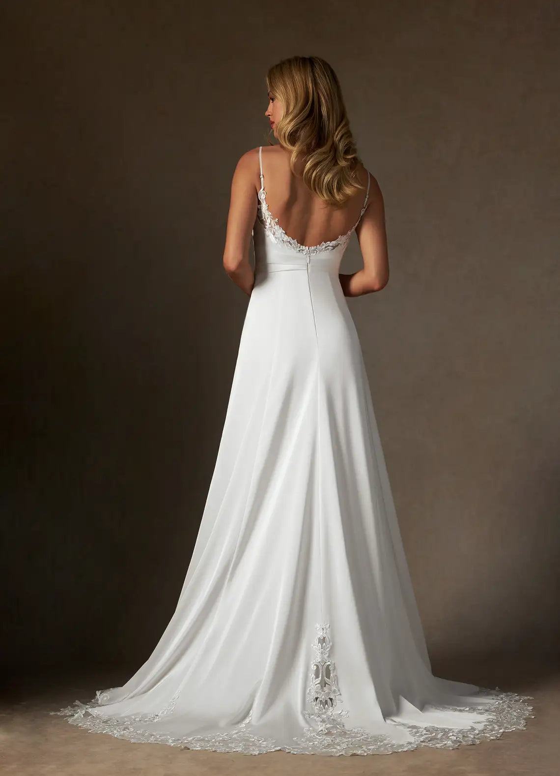 Elegant A-Line Lace Satin Wedding Dress Spaghetti Straps Cowl Neckline Satin Silhouette Trimmed Train A Must