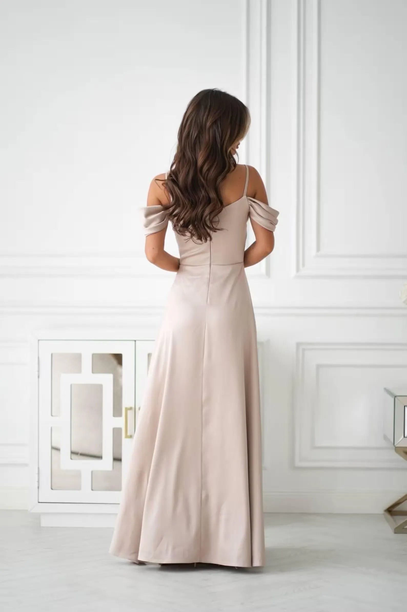 Elegant A-Line Off-Shoulder Ruched Satin Champagne Long Evening Dress With Slit