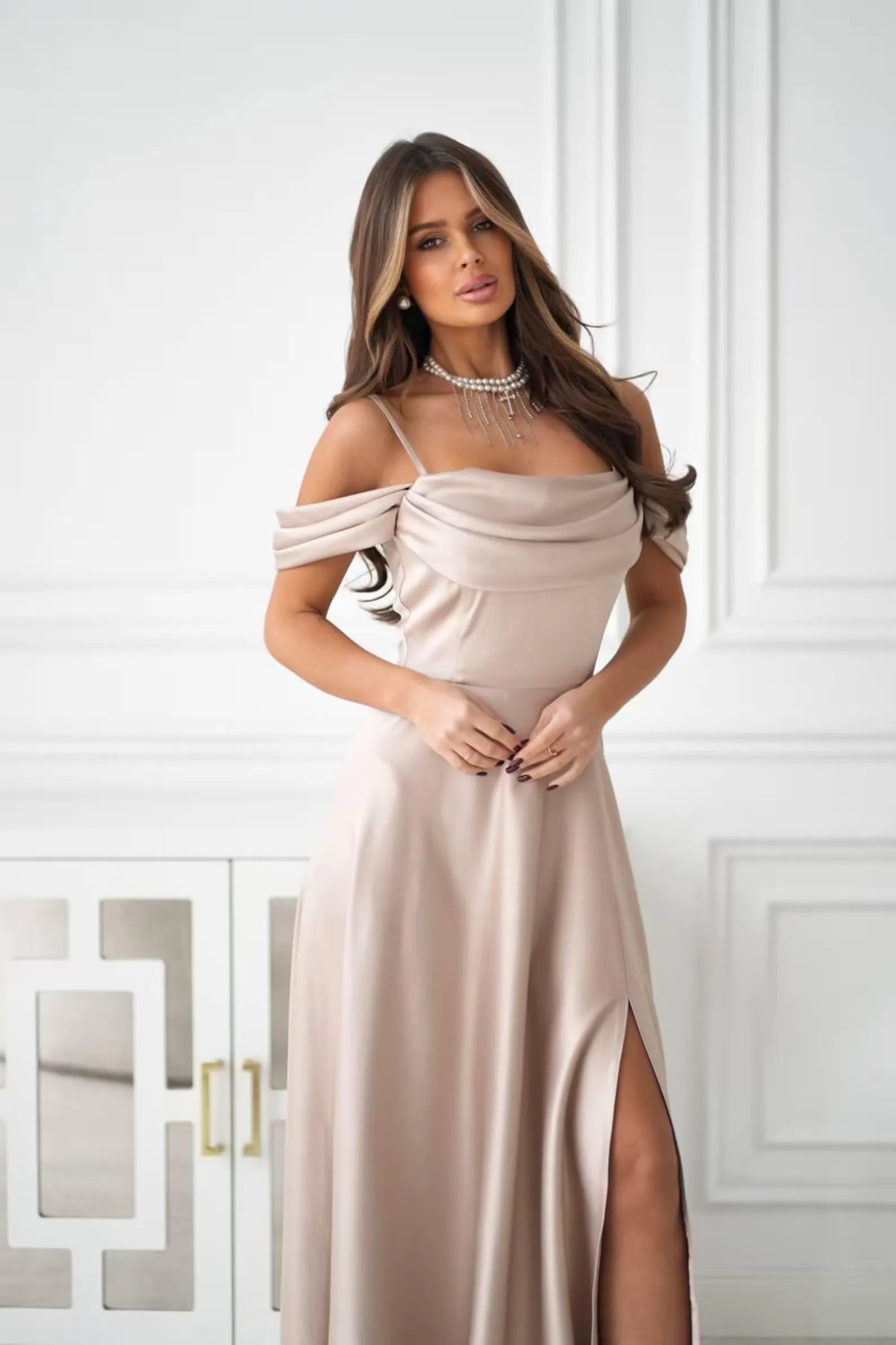 Elegant A-Line Off-Shoulder Ruched Satin Champagne Long Evening Dress With Slit