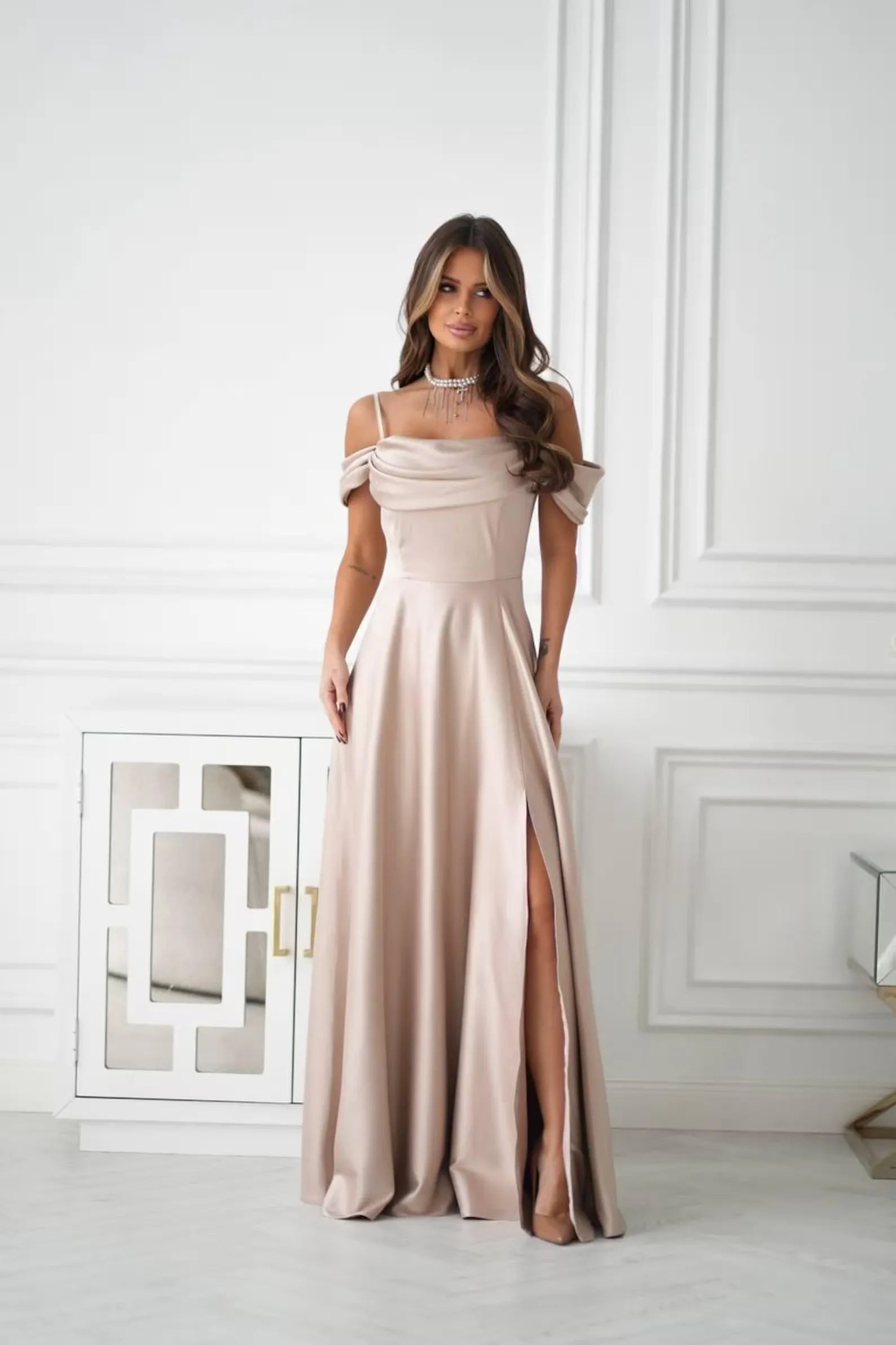 Elegant A-Line Off-Shoulder Ruched Satin Champagne Long Evening Dress With Slit