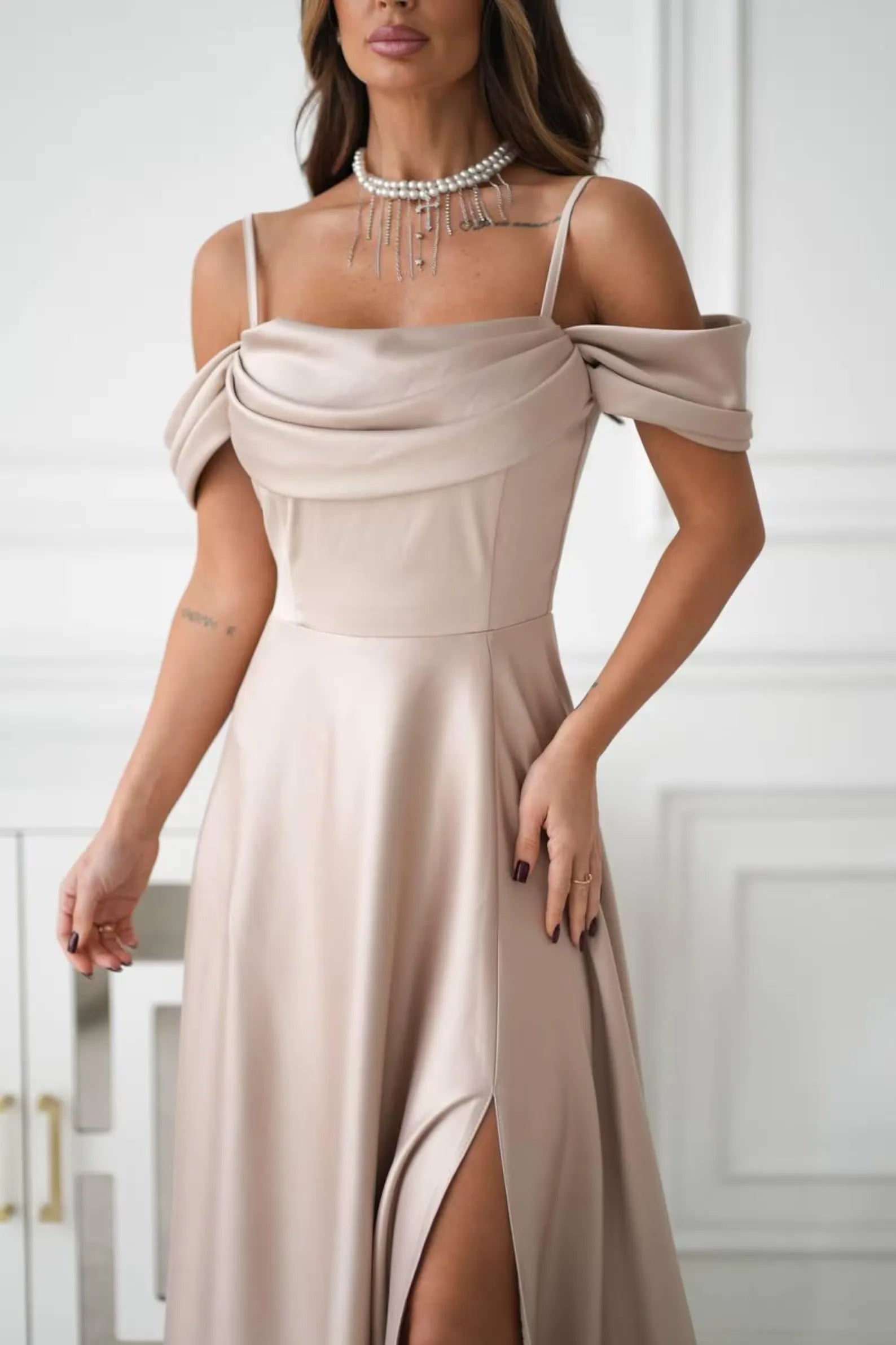 Elegant A-Line Off-Shoulder Ruched Satin Champagne Long Evening Dress With Slit