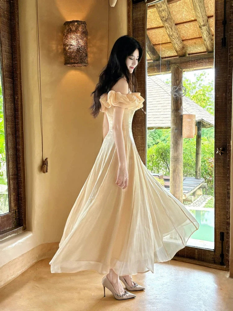 Elegant A-Line Off-the-Shoulder Ruffled Apricot Maxi Prom Dress